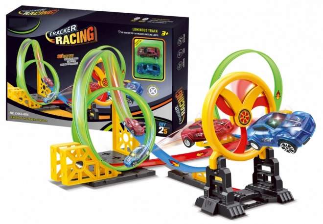 Children's Racing Track with LED Cars and Movable Hoop