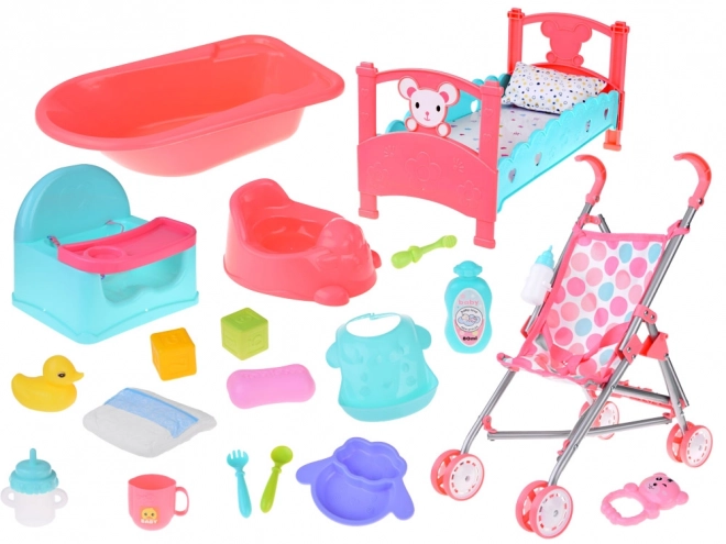 Baby Doll Set with Stroller, Cradle, and Bath Accessories