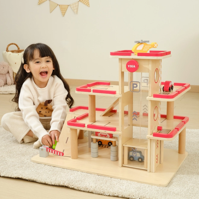 Wooden Parking Garage Set with Elevator
