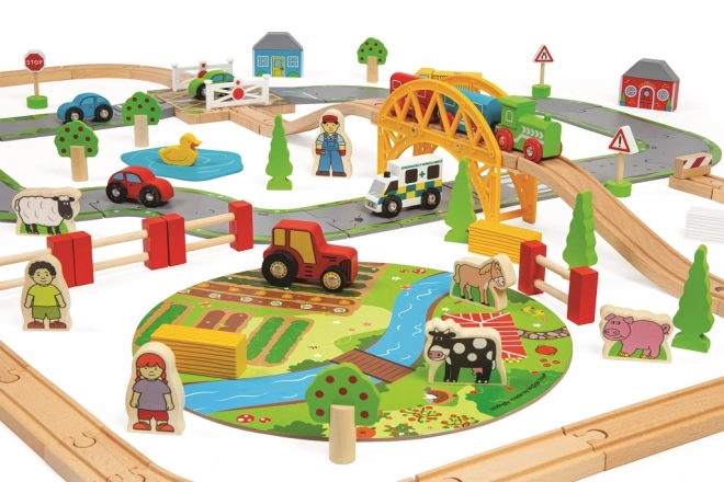 Bigjigs Rail Wooden Train Set with Country Road 80 Pieces