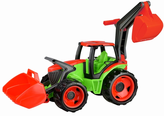 Tractor With Loader And Backhoe, Green And Red