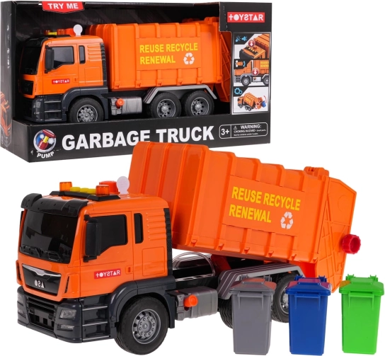 Oranje vuilniswagen met geluidsfunctie + accessoires