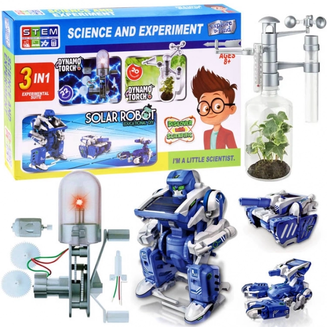 young scientist 3-in-1 kit with robot, dynamo and solar power