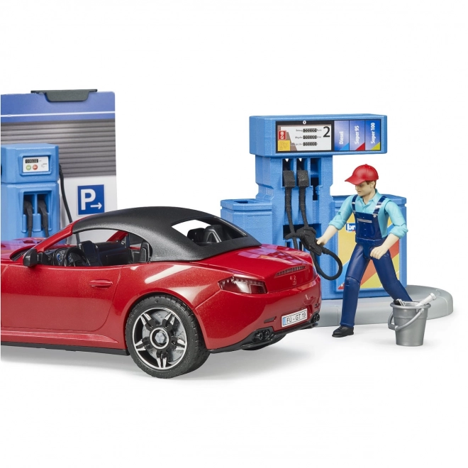 Bruder Gas Station with Car and 2 Figures