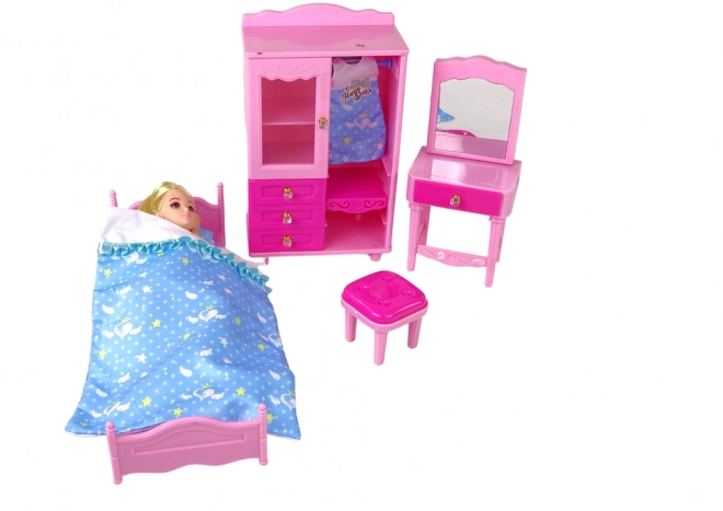 Doll Furniture Set with Bed, Wardrobe, and Vanity