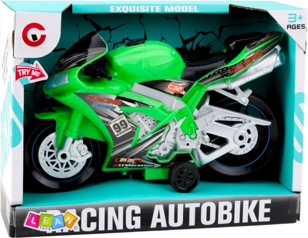 Moto da corsa con effetti luminosi e sonori, giocattolo verde