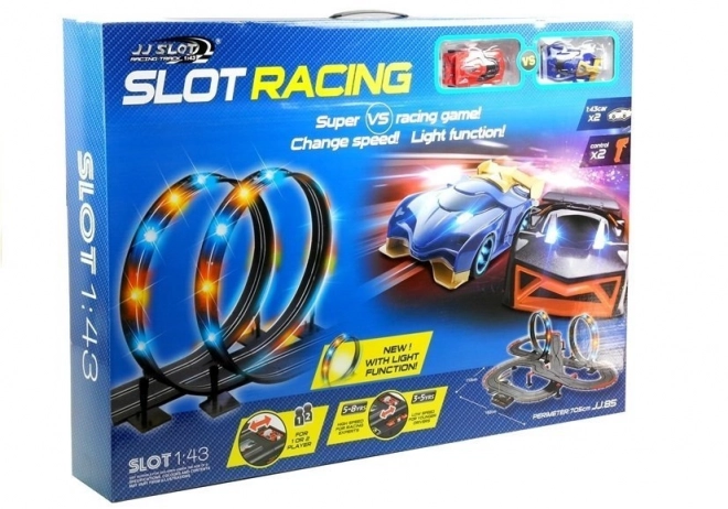 racetrack with 2 slot cars and loop