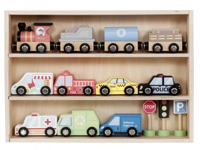 Wooden Vehicle Set with Shelf and Traffic Signs