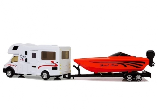 Camper with Red Speedboat and Friction Drive