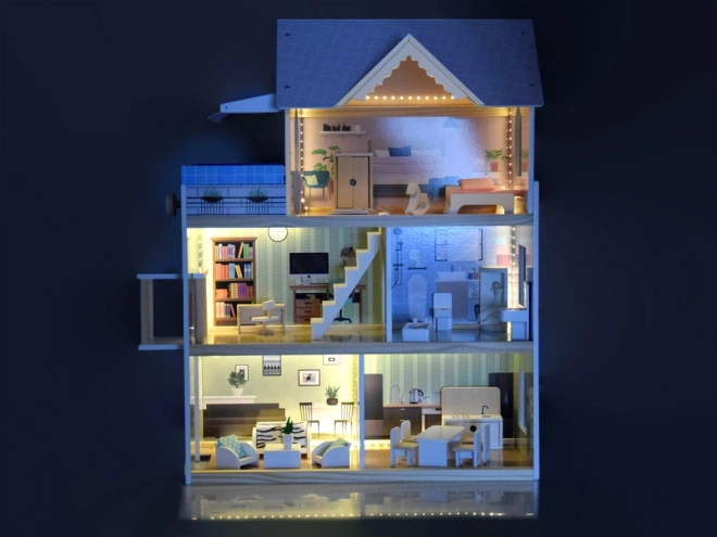 Wooden Dollhouse with Pool, Elevator, Furniture, and LED Lights