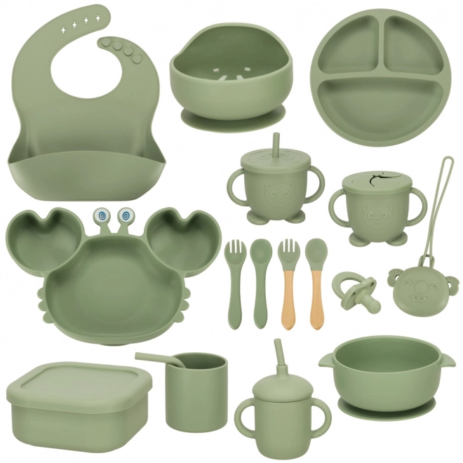 Silicone dinnerware set for children crab 19-piece green