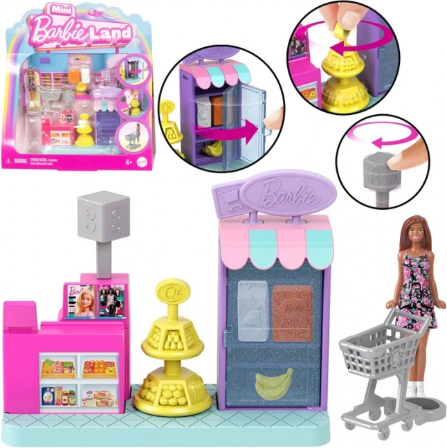 Mini supermarked Barbie Land med dukke og kasseapparat