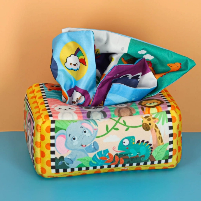 Boîte sensorielle Montessori avec mouchoirs colorés et animaux