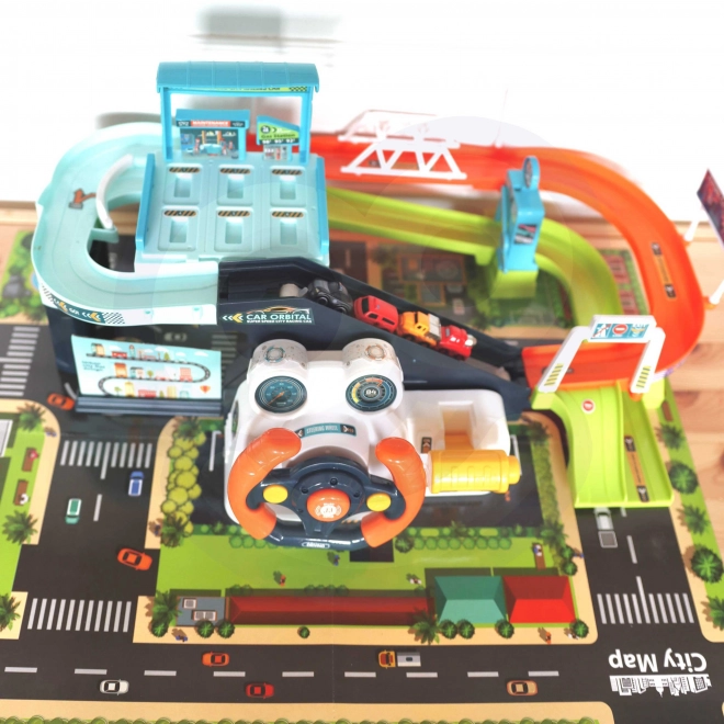 Parking Garage with Interactive Steering Wheel and 4 Cars