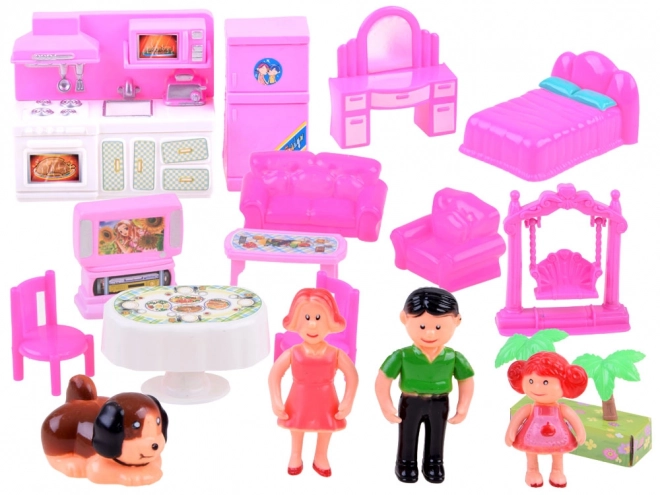 Family Dollhouse with Furniture and Dolls