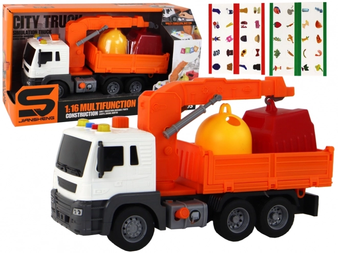 Orange Friction Powered Garbage Truck with Crane