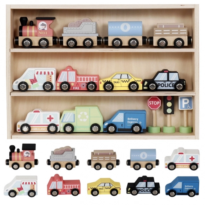 Wooden Vehicle Set with Shelf and Traffic Signs