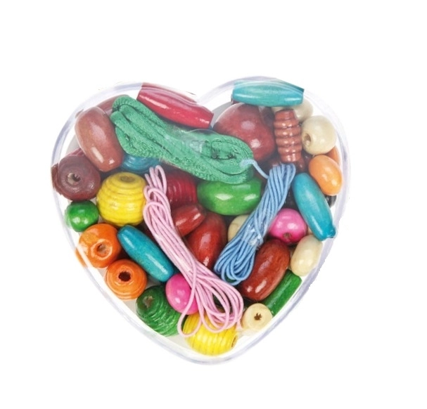 Wooden Beads in Heart-Shaped Jar