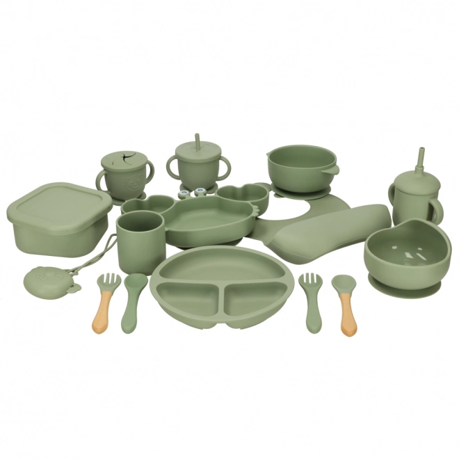 Silicone dinnerware set for children crab 19-piece green