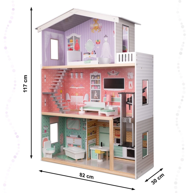 Wooden Dollhouse with Pastel Furniture