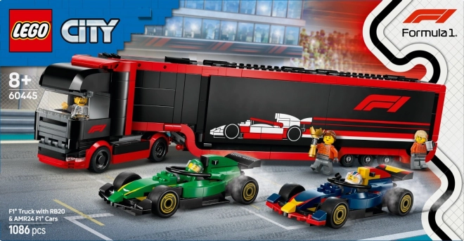 lego city f1 racing truck with rb20 and amr24 cars