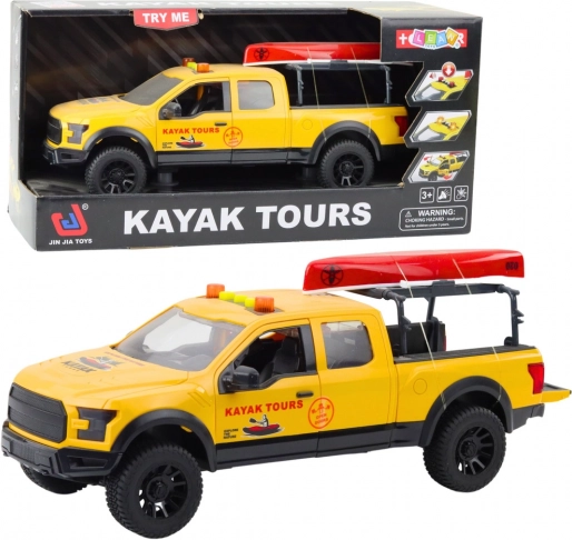 Off-road vehicle for transporting kayaks with lights and sounds, yellow