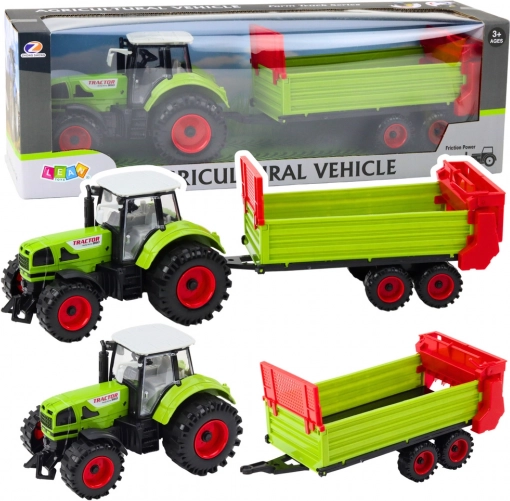 Tracteur avec remorque à inertie, capot et portes ouvrants, vert