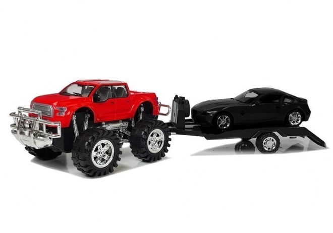 Red Monster Truck and Black BMW Trailer Set