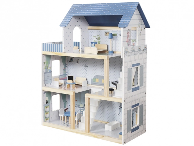 Wooden Blue Dollhouse with Furniture