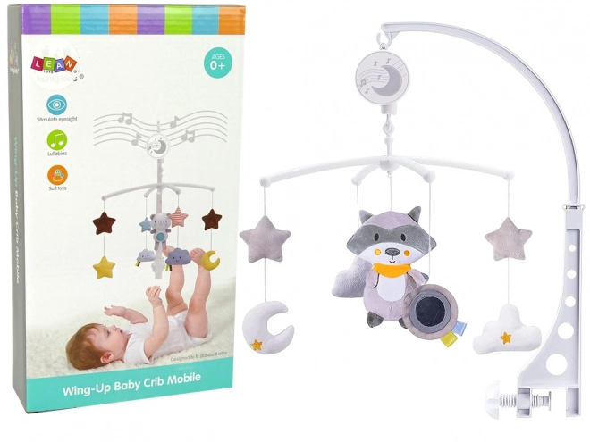 Grey Melody Baby Crib Mobile with Plush Raccoon