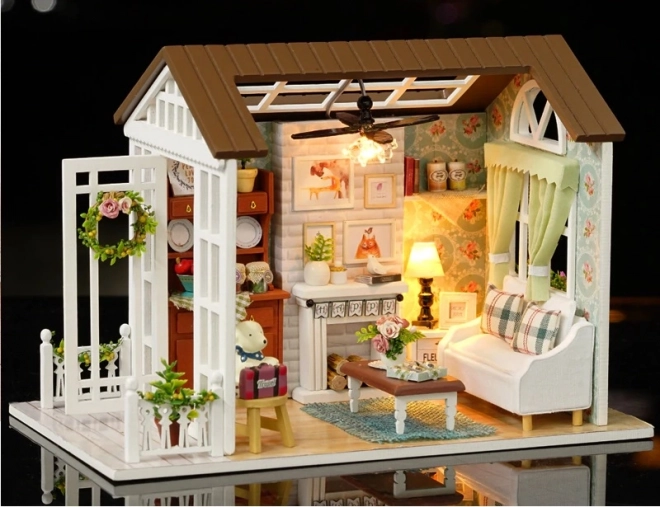 Wooden Dollhouse Living Room with LED Lights