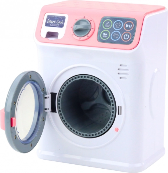 Children's toy washing machine with rotating drum in white-pink