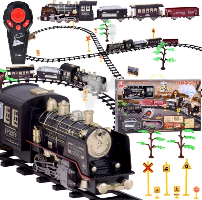 Large Retro Train Set with Locomotive Remote Control with Light and Steam