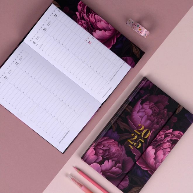 Weekly Magnetic Diary with Purple Flowers 2025