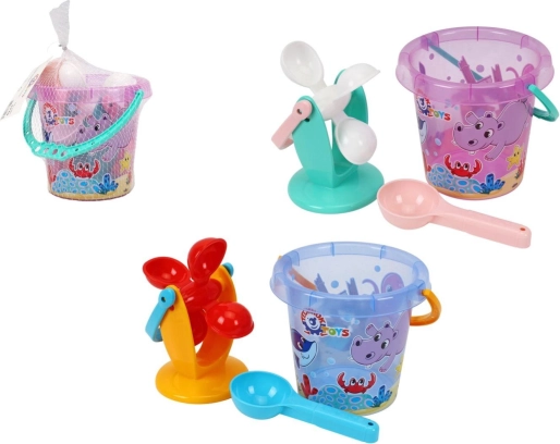 Plastová sada na písek a vodu s kbelíkem a mlýnkem v síťce 17 × 16 cm