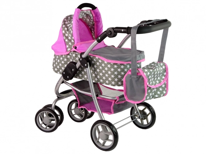 2-in-1 Doll Stroller with Bag - Pink Stars