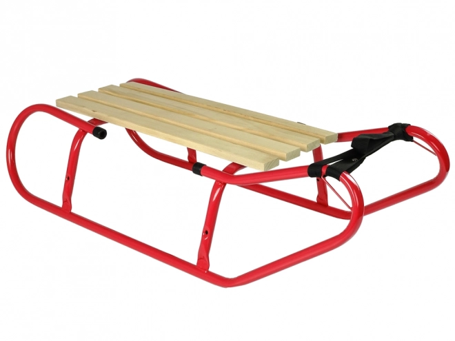 Metal sled with backrest and red strap