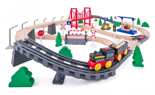 wooden train set with battery-operated locomotive