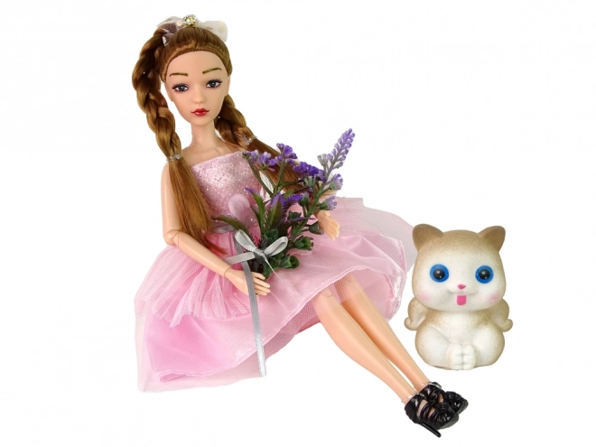 Emily Doll with Braids, Cat, and Flowers Set