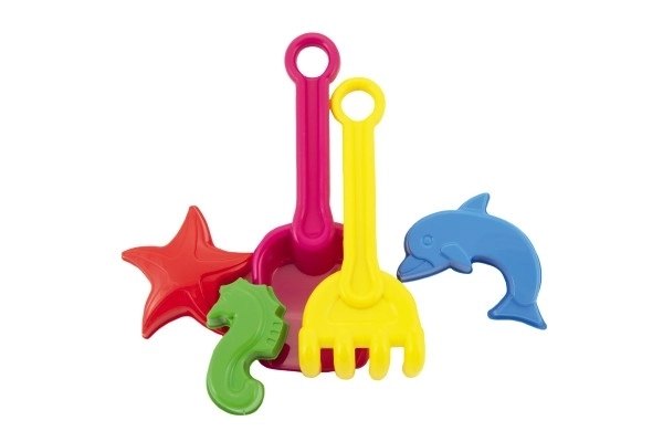 Sand Play Set Plastic Shovel, Rake, 3 Molds in 3 Colors