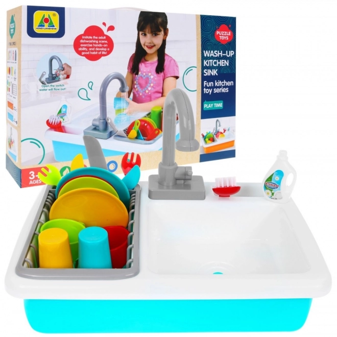 Children's Toy Sink with Faucet and Dishware Set