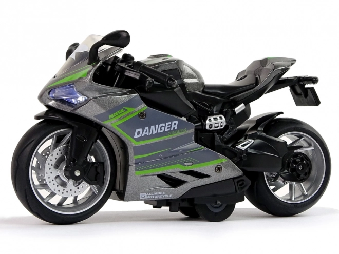 Gray and Green Pull-Back Toy Motorcycle with Lights and Sound 1:12 Scale