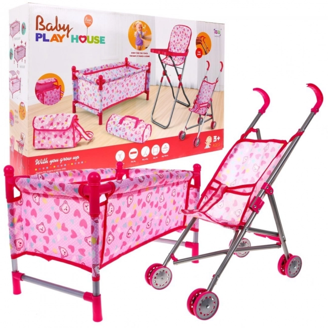 Doll Accessories Set for Kids 3+ with Stroller and High Chair