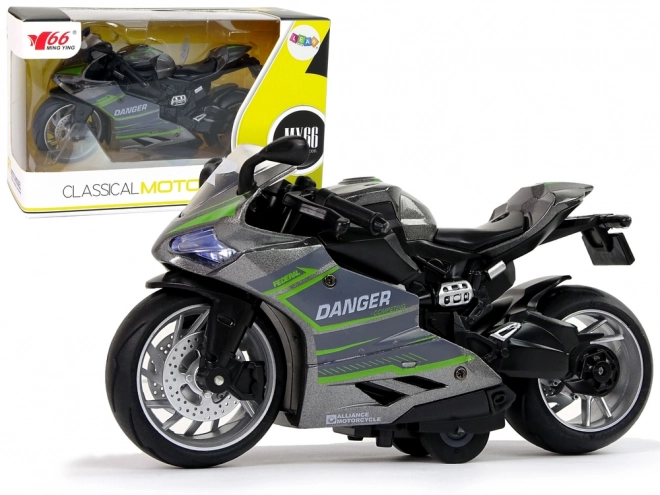 Gray and Green Pull-Back Toy Motorcycle with Lights and Sound 1:12 Scale