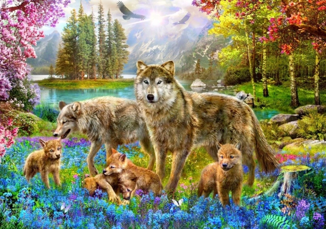 wolf pack in spring jigsaw puzzle 1500 pieces