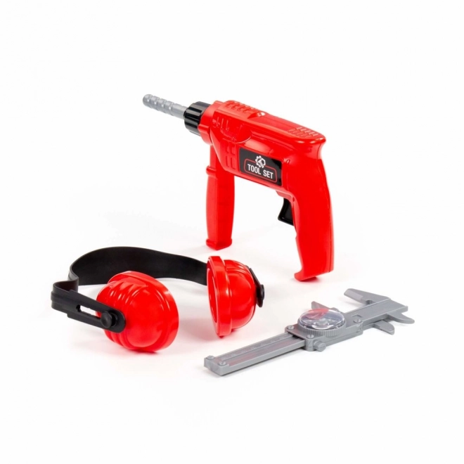 Red Tool Set Drill With Headphones And Caliper