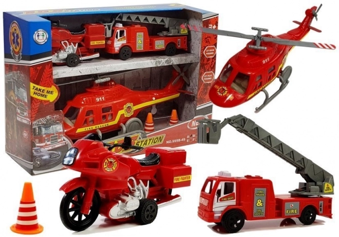 Fire Station Vehicle Set with Helicopter and Motorcycle