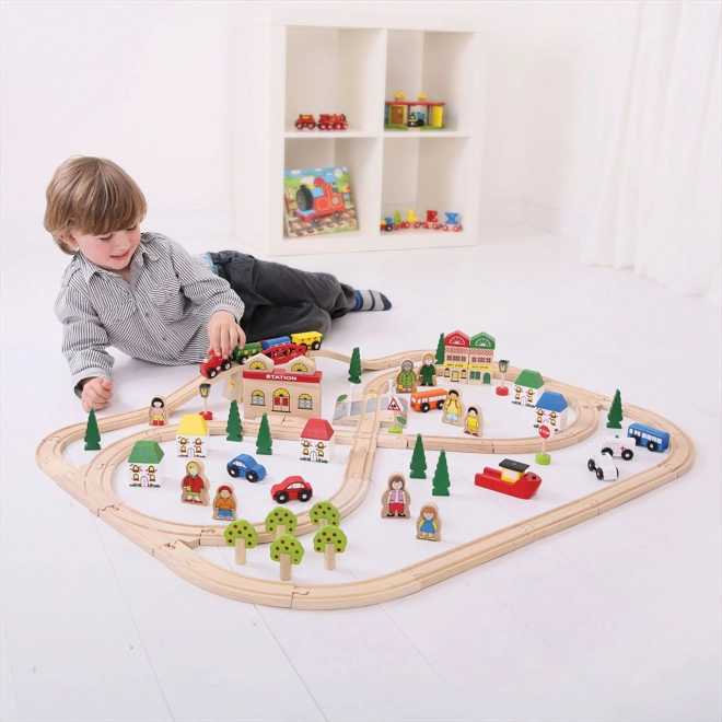 Wooden Train City and Village Set 91 Pieces