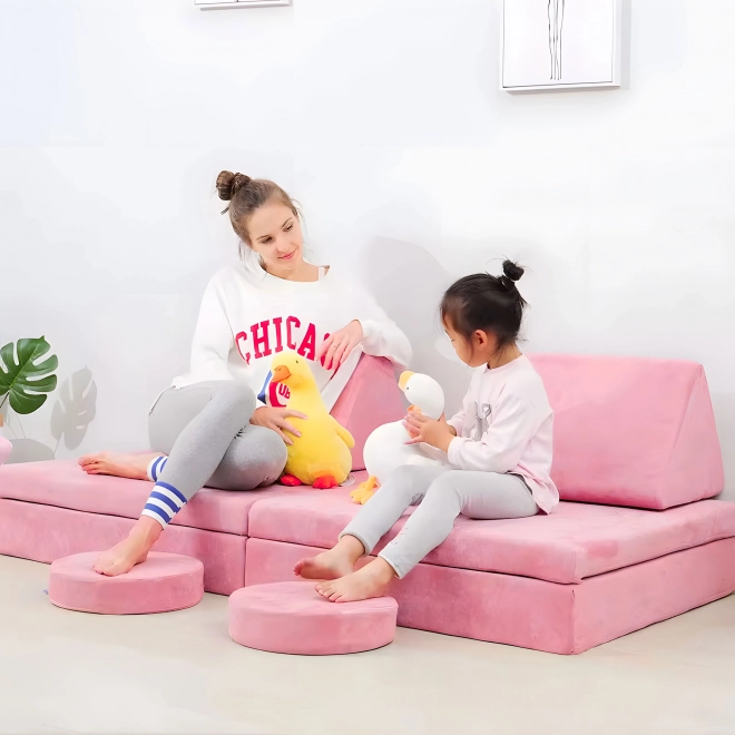 Large Modular Foldable Children's Sofa with 10 Pillows - Pink