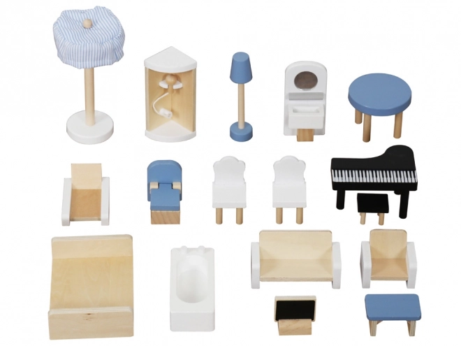 Wooden Blue Dollhouse with Furniture